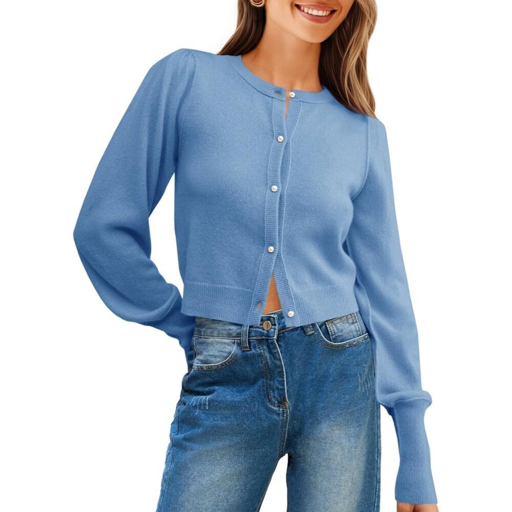 Women’s Cropped Cardigan Sweater Long Puff Sleeve Crew Neck Fall Dressy Casual